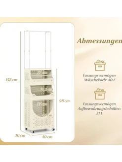 4-stufig Kleiderstangen schmal mit Wäschekorbwagen in Beige