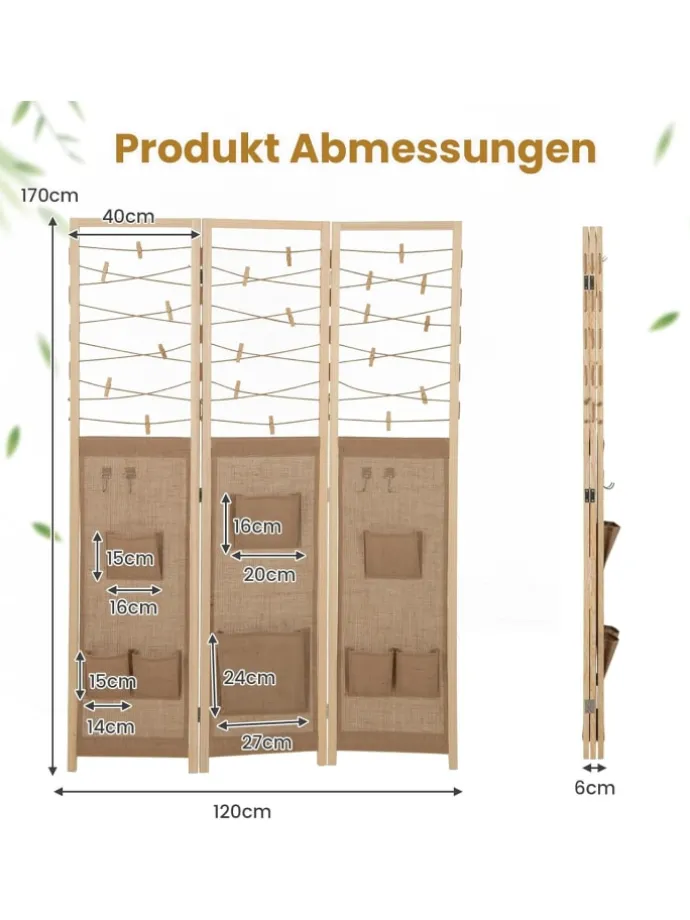 3-teilig Raumteiler 120 × 170 cm in Hellbraun