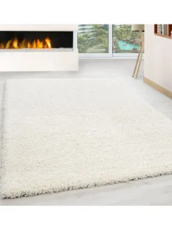 Teppich Hochflor Unifarben Polypropylen Wohnzimmer Shaggy in Creme