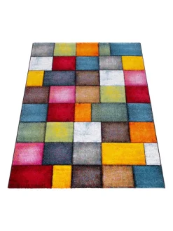Teppich Kurzflor Karos Wohnzimmer schmutzabweisend in Mehrfarbig