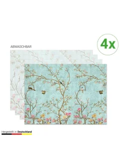Tischsets I Platzsets abwaschbar - Florales Vintage Motiv mit Vägeln - aus erstklassigem Vinyl (Kunststoff Ð BPA-frei) - 4 Stück - 44 x 32 cm - rutschfeste Tischdekoration