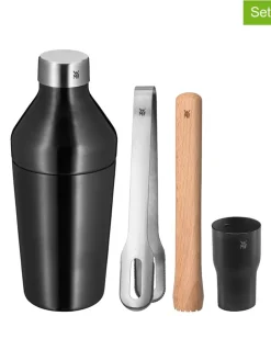 4tlg. Cocktail-Shaker-Set in Schwarz/ Silber
