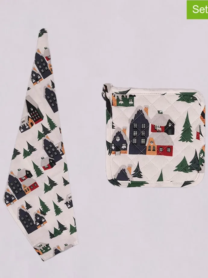 2tlg. Set: Geschirrtuch & Topflappen ''House'' in Grün/ Weiß