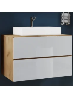 2-tlg. Waschplatz Waschtisch Lendas S Schublade in Weiß / Honig-Eiche