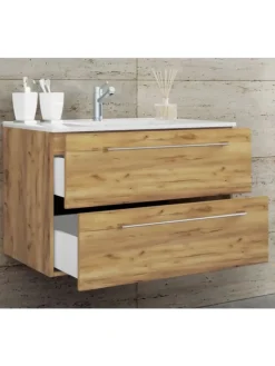 2-tlg. Waschplatz Waschtisch Badinos 2 Schublade in Honig-Eiche