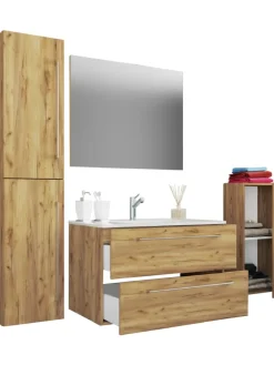 5-tlg. Waschplatz Waschtisch Badinos Schublade SP in Honig-Eiche