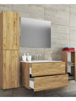 5-tlg. Waschplatz Waschtisch Badinos Schublade SP in Honig-Eiche