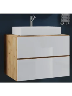 2-tlg. Waschplatz Waschtisch Lendas S Schublade in Honig-Eiche / Weiß