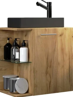 2-tlg Waschtisch Hausa Toilette schmal Schwarz in Honig-Eiche