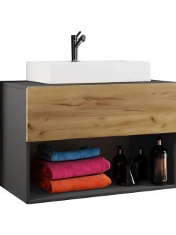 2-tlg. Waschtisch Waschplatz Badmöbel Lendas II in Anthrazit / Honig-Eiche