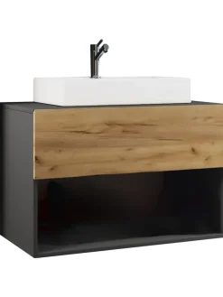 2-tlg. Waschtisch Waschplatz Badmöbel Lendas II in Anthrazit / Honig-Eiche