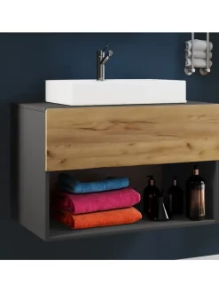 2-tlg. Waschtisch Waschplatz Badmöbel Lendas II in Anthrazit / Honig-Eiche