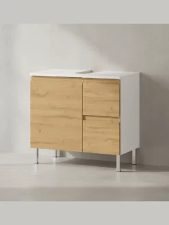 Unterschrank für Waschbecken, Weiß-Eiche, 60x34x56 cm, mit Chromfüßen