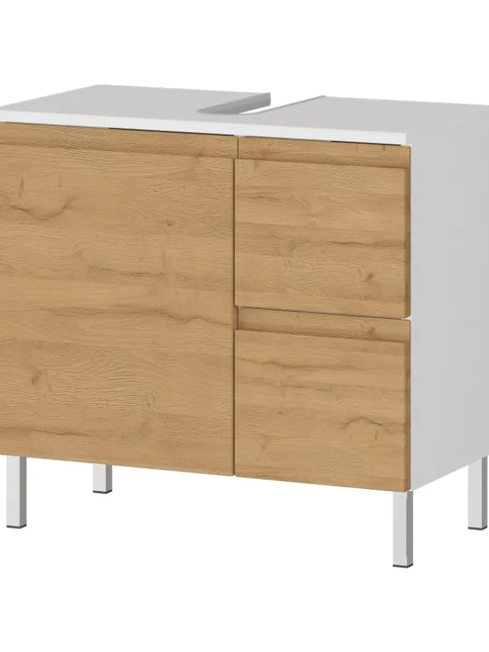 Unterschrank für Waschbecken, Weiß-Eiche, 60x34x56 cm, mit Chromfüßen
