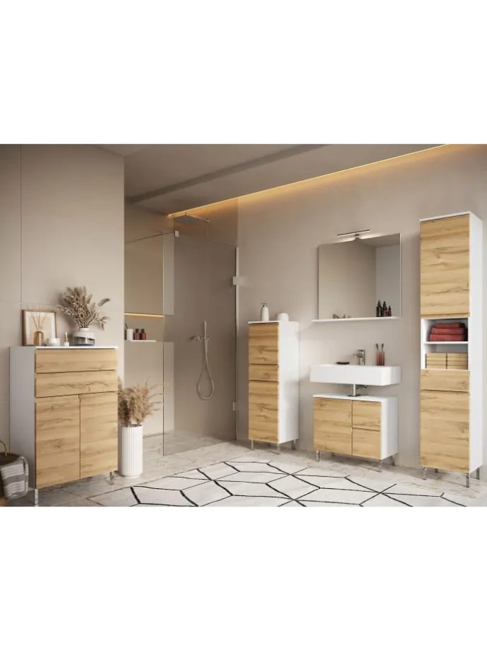 Unterschrank für Waschbecken, Weiß-Eiche, 60x34x56 cm, mit Chromfüßen