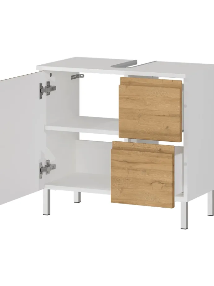 Unterschrank für Waschbecken, Weiß-Eiche, 60x34x56 cm, mit Chromfüßen