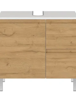 Unterschrank für Waschbecken, Weiß-Eiche, 60x34x56 cm, mit Chromfüßen