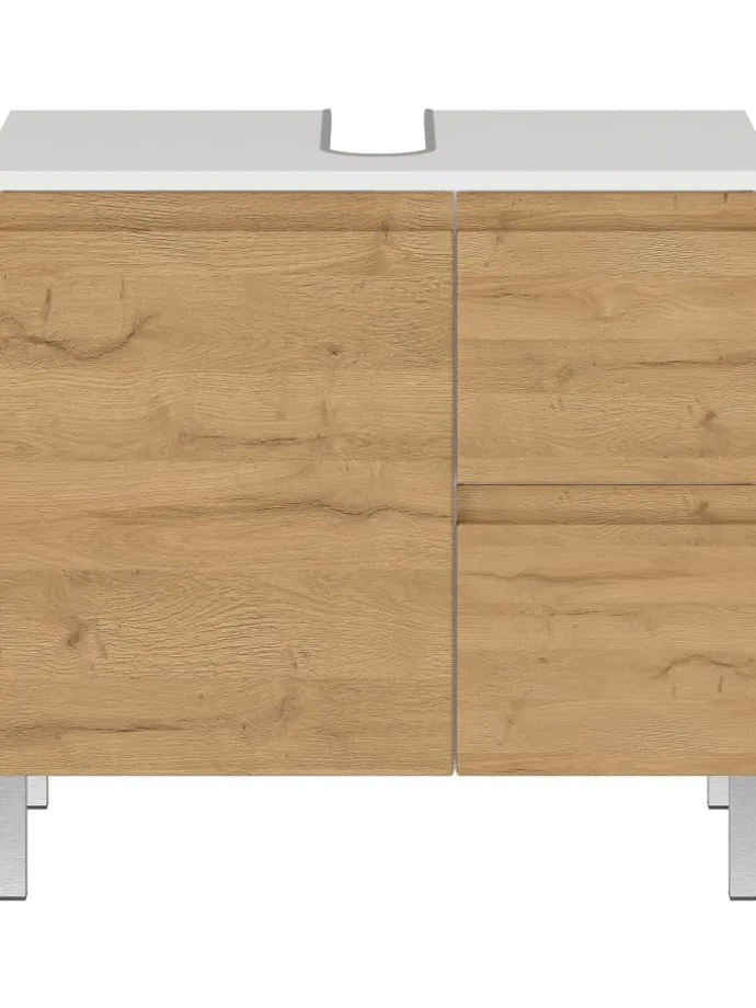 Unterschrank für Waschbecken, Weiß-Eiche, 60x34x56 cm, mit Chromfüßen