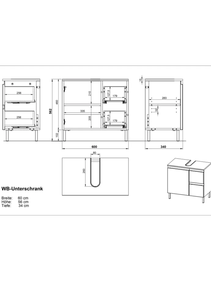 Unterschrank für Waschbecken, Weiß-Eiche, 60x34x56 cm, mit Chromfüßen