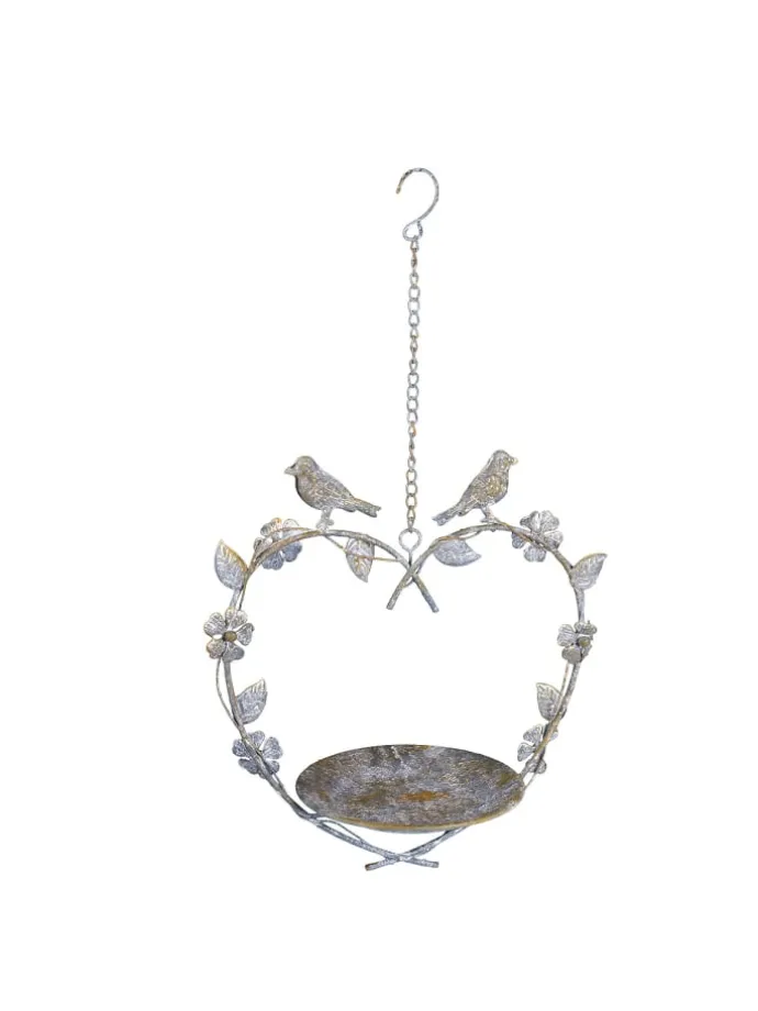 Vogelbad zum hängen aus Metall - Herz in antikgrau - rost