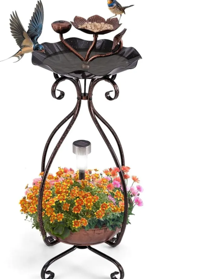 Vogeltränke mit Solarleuchte in Bronze