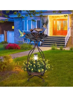 Vogeltränke mit Solarleuchte in Bronze