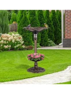 Vogeltränke mit Solarleuchte in Bronze