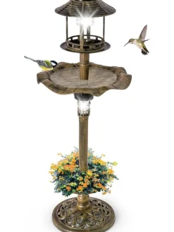 Vogeltränke mit Solarleuchte in Bronze