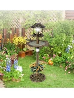 Vogeltränke mit Solarleuchte in Bronze