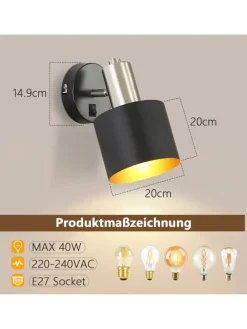 Wandleuchte 1-flammige E27 in schwarzgold drehbar 330° mit Schalter Metall