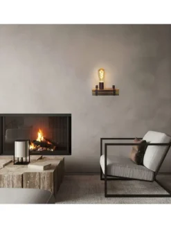 Wandleuchte in schwarz 1-flammige E27 vintage Metall und Holz L 23cm