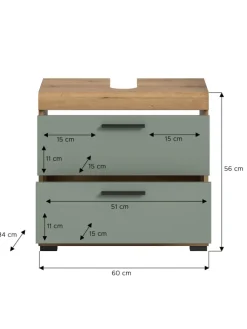 Waschbeckenunterschrank in Artisan Eiche/Salbei - (B) 60 x (H) 56 x (T) 37