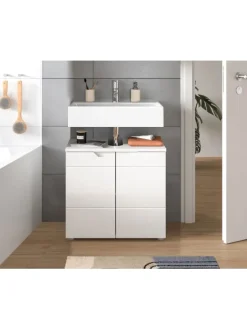 Waschbeckenunterschrank in weiß/weiß hochglanz - (B) 63 x (H) 59 x (T) 34