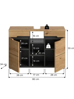 Waschbeckenunterschrank in Basalt grau/Artisan Eiche - (B) 80 x (H) 55 x (T) 34