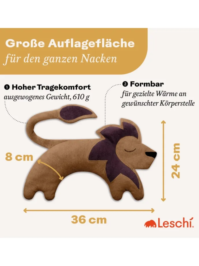 Wärmekissen 100 % Bio-Baumwolle, Körnerkissen "Löwe Juri" in Goldbraun