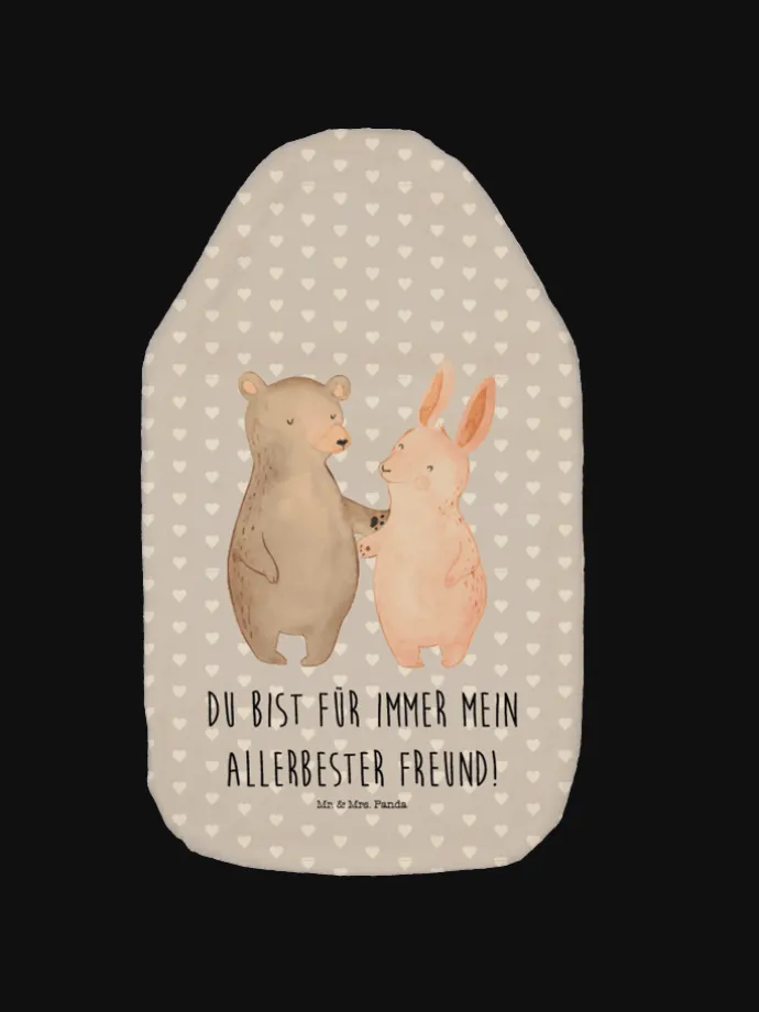 Wärmflasche Bär und Hase Umarmen mit Spruch in Grau Pastell