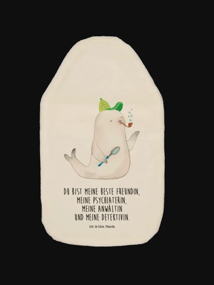 Wärmflasche Robbe Sherlock mit Spruch in Weiß