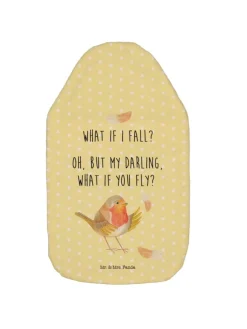 Wärmflasche Rotkehlchen Federn mit Spruch in Gelb Pastell