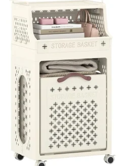 Wäschekorbwagen 40L mit Ablagen in Beige