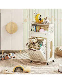 Wäschekorbwagen 40L mit Ablagen in Beige