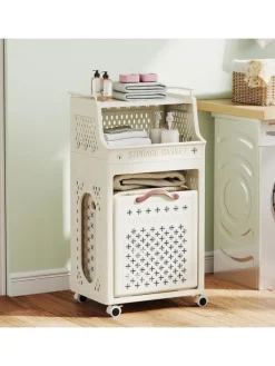 Wäschekorbwagen 40L mit Ablagen in Beige