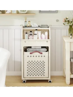 Wäschekorbwagen 40L mit Ablagen in Beige