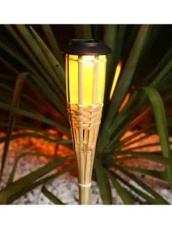 4x LED Solar Fackel Gartenfackel aus Bambus H: 60cm in natur