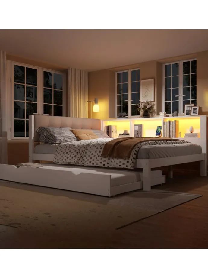 140x200cm Einzelbett Tagesbett ausziehbar mit LED