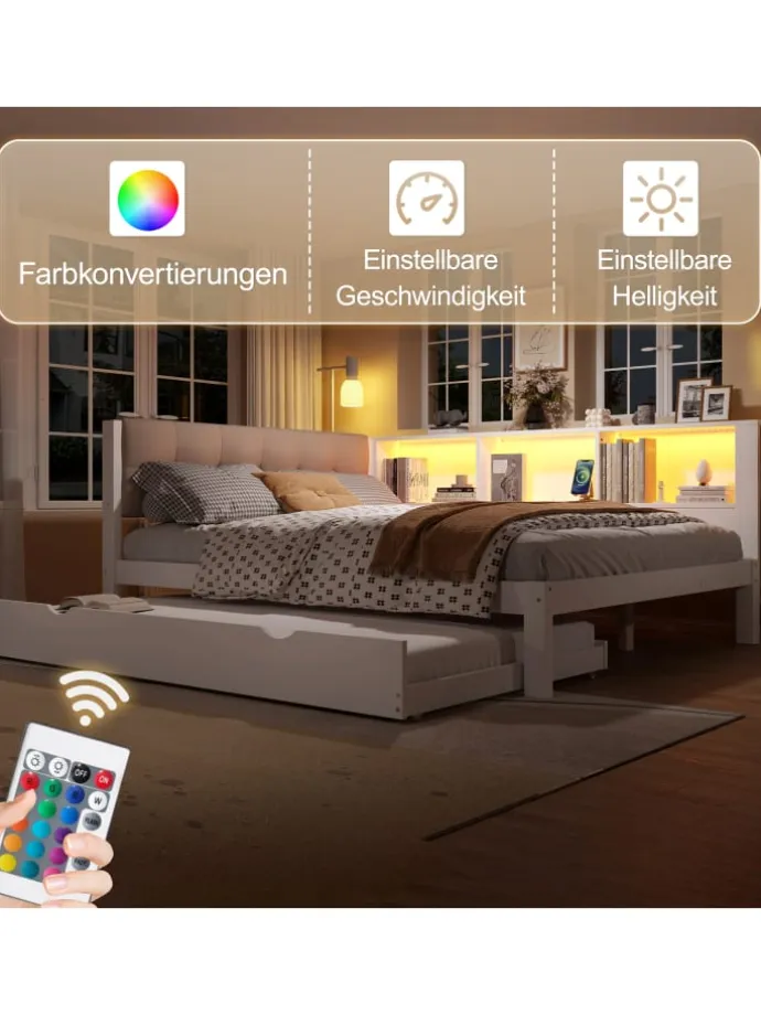 140x200cm Einzelbett Tagesbett ausziehbar mit LED