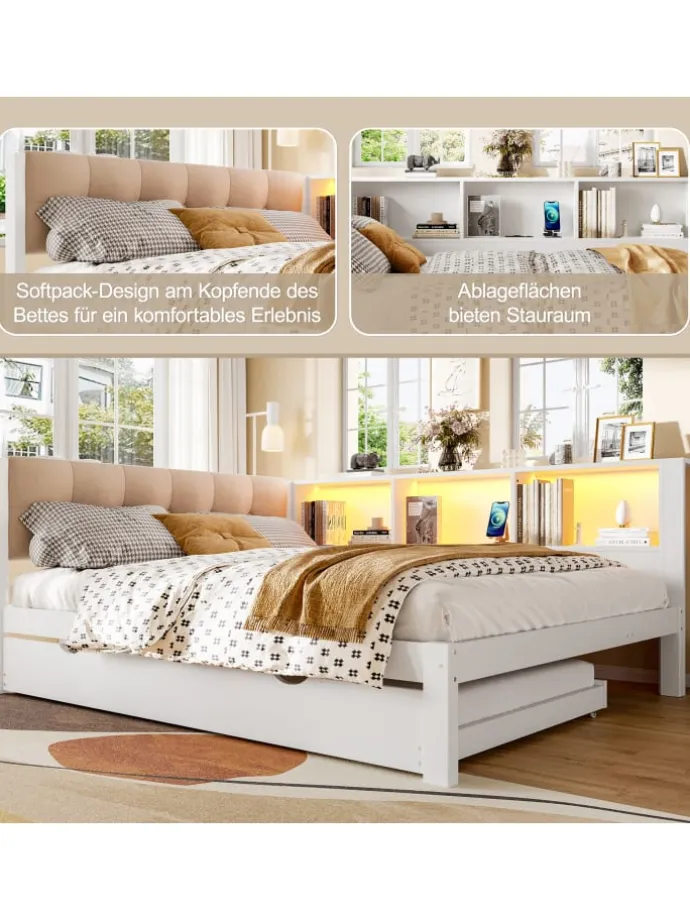 140x200cm Einzelbett Tagesbett ausziehbar mit LED