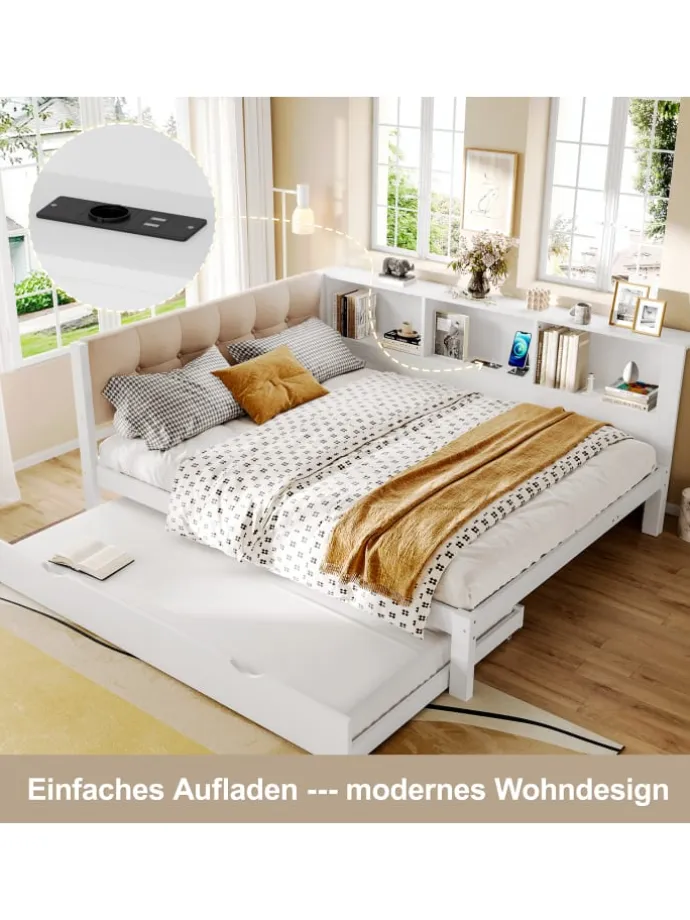 140x200cm Einzelbett Tagesbett ausziehbar mit LED