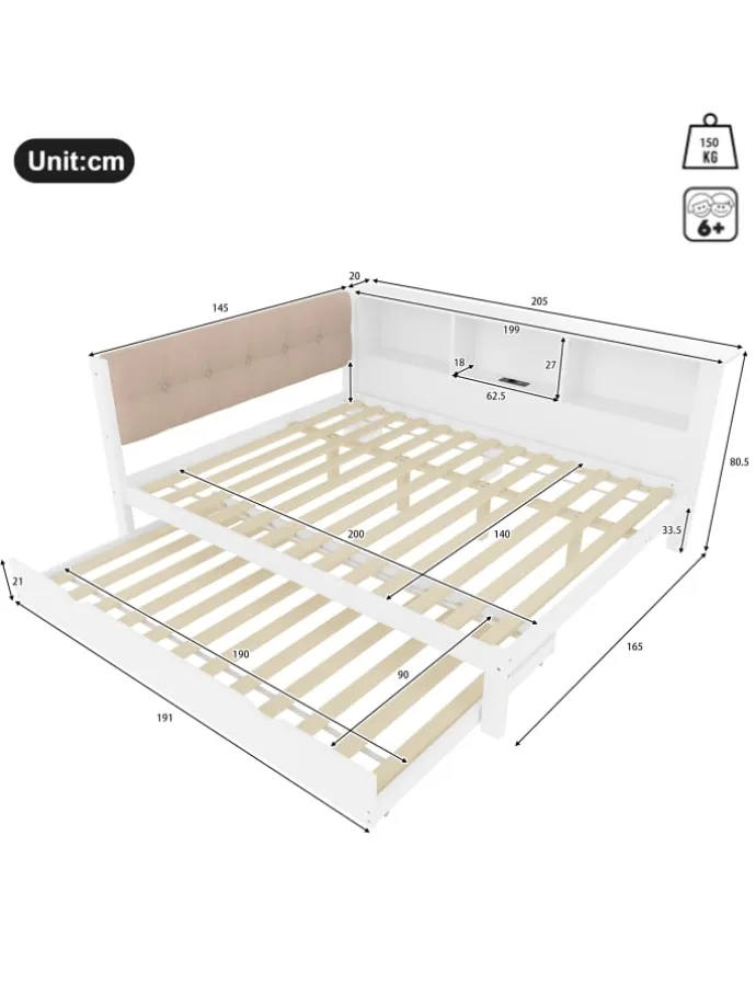 140x200cm Einzelbett Tagesbett ausziehbar mit LED