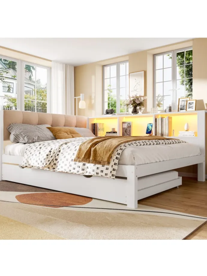 140x200cm Einzelbett Tagesbett ausziehbar mit LED