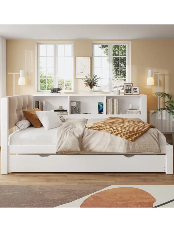 90x200cm Einzelbett Tagesbett ausziehbar mit LED